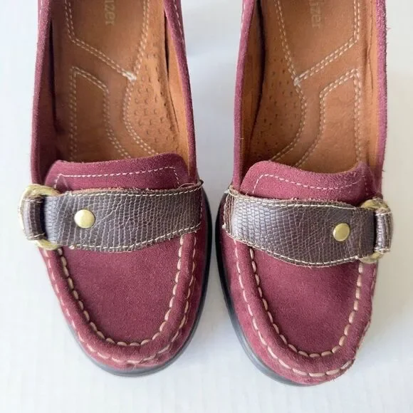 Womens Loafer Shoes Burgundy Suede Pumps Brown Strap Buckle Sz 7 7M - Picture 7 of 13